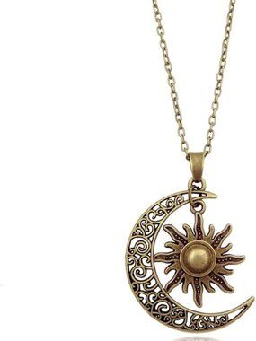 Vintage Crescent Moon & Sun Pendant Necklace - Retro Filigree Unisex Jewelry